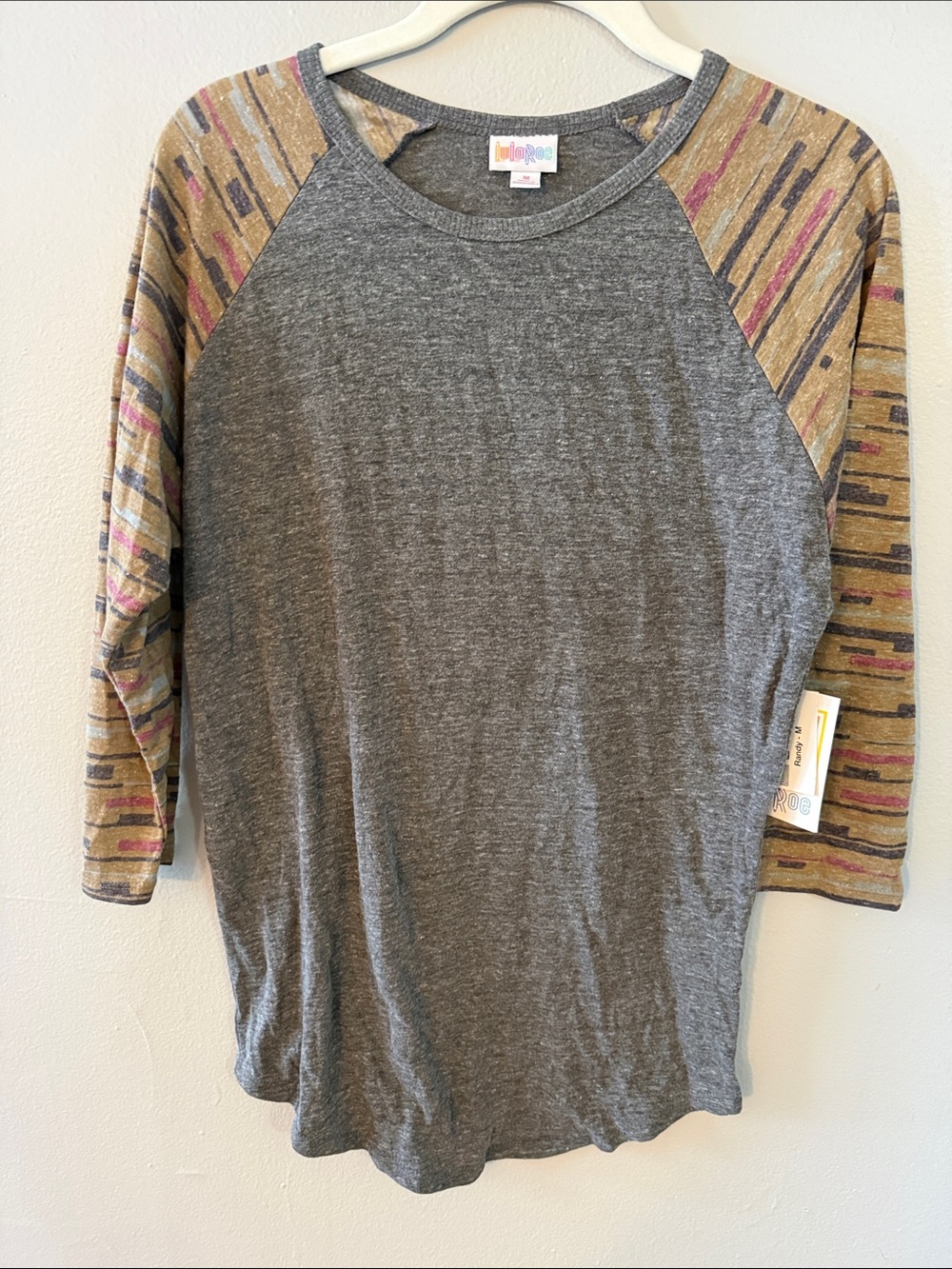 LuLaRoe Gray Raglan Top with Multicolor Striped Sleeve Panels